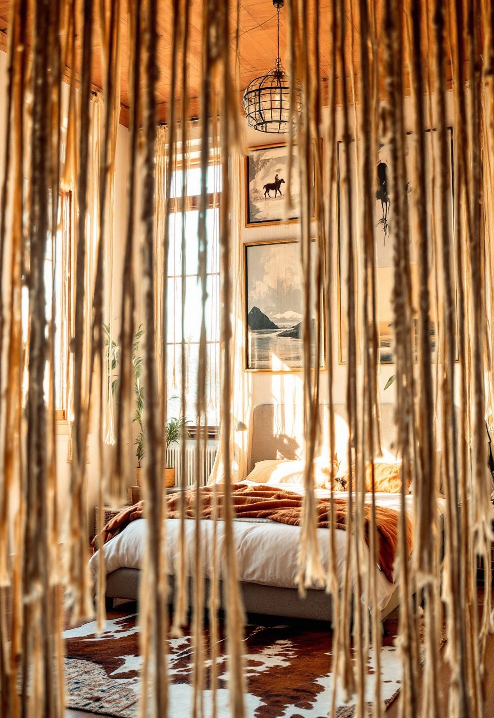 Fringe Macramé Canopy, Stacked Kilim and Cowhide Rugs, Surf-and-Rodeo Gallery Wall – coastal — bedroom coastal — bedroom decor · Coastal Cowgirl Bedroom: 14 Western-Meets-Beach Designs That Define the New Trend