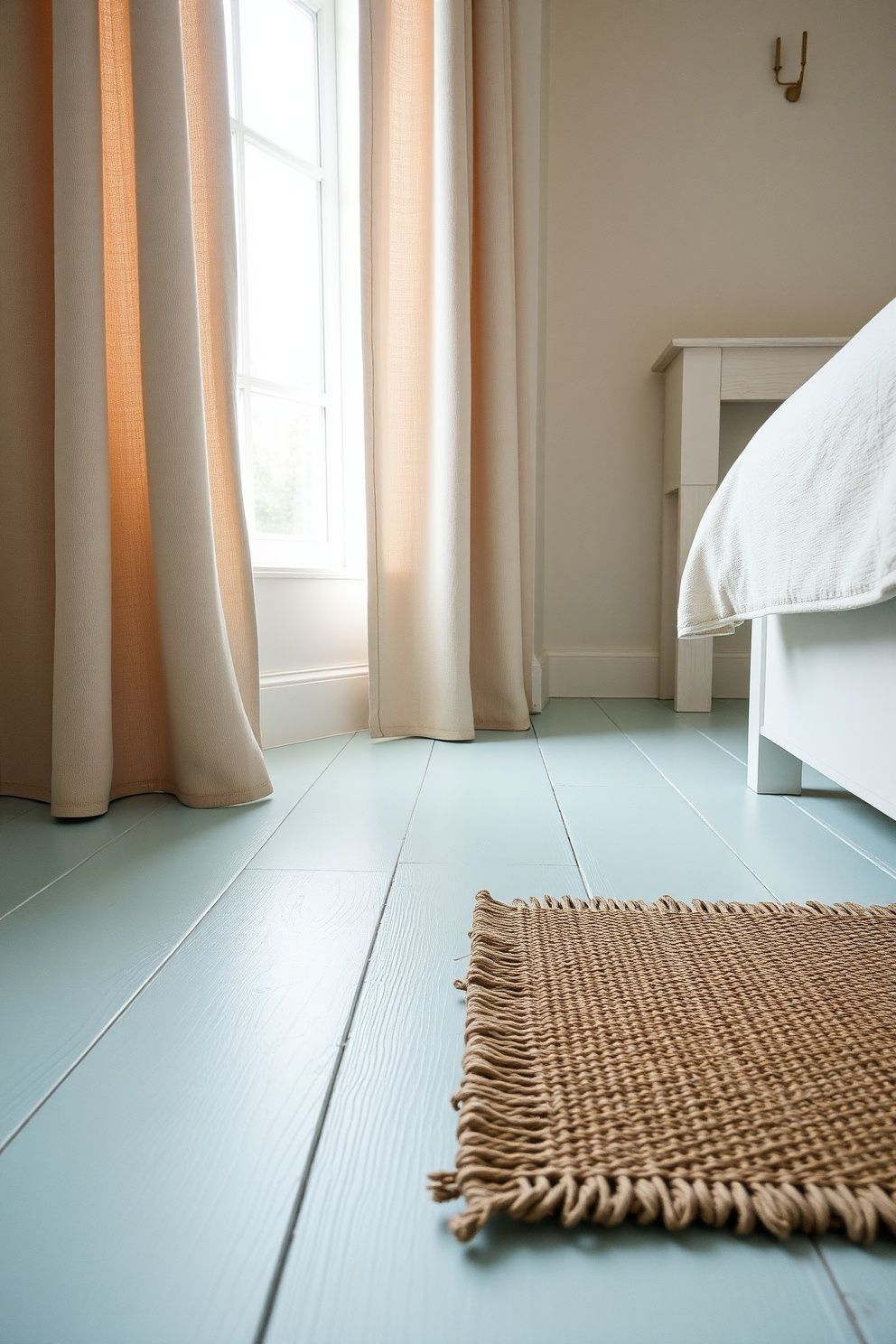 Painted Pale Blue Floor With a Layered Jute Mat at the Bedside – coastal — bedroom coastal — bedroom decor · Coastal Cottage Bedroom: 15 Charming Designs Full of Character and Relaxed Beauty
