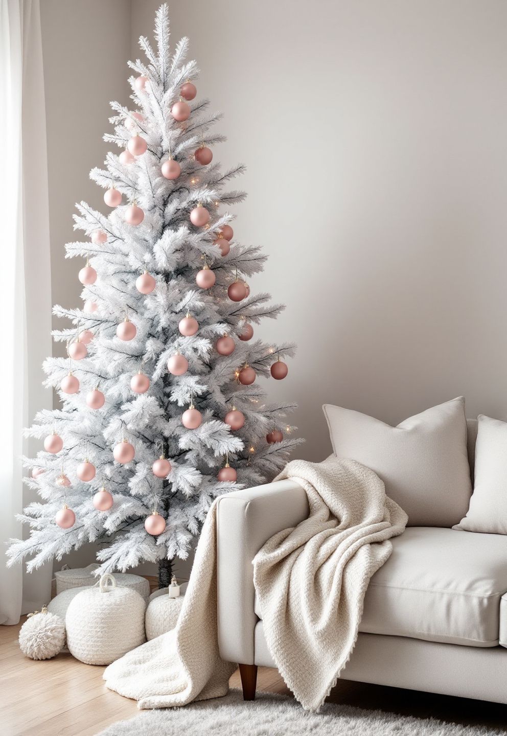 Flocked White Tree With Pink Ornaments: The 30% Coverage Rule That Keeps Snow the Star – seasonal — christmas + winter seasonal — christmas + winter decor · Pink Christmas Tree Decorations: 14 Soft Dreamy Designs for a Feminine Festive Season
