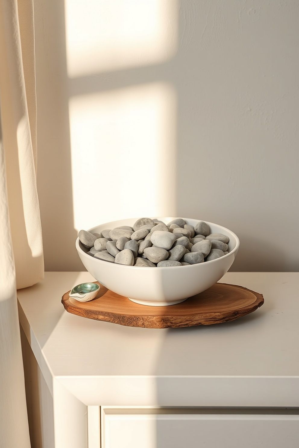 A Handful of Sea-Tumbled Pebbles in an Open Ceramic Bowl – coastal — bedroom coastal — bedroom decor · Coastal Bedroom Decor: 18 Small Accessories That Make Every Inch Feel Beachy