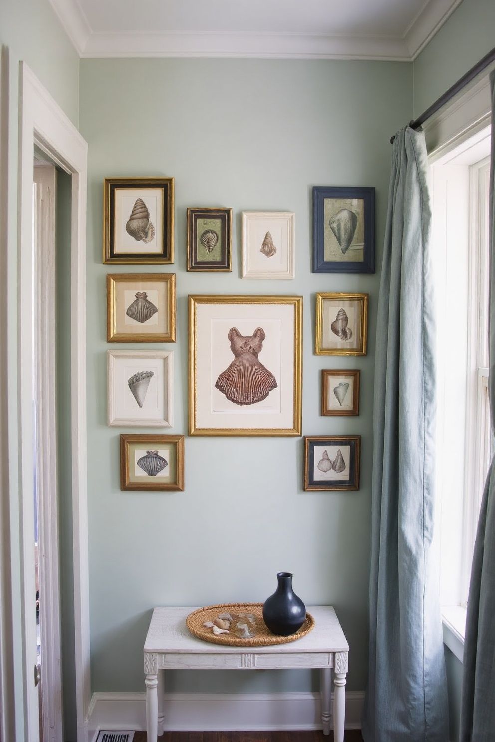 Seashell Illustration Sheet Music Framed in Mismatched Vintage Frames – coastal — bedroom coastal — bedroom decor · Coastal Grandma Bedroom: 14 Timeless Designs Full of Pattern Warmth and Heritage