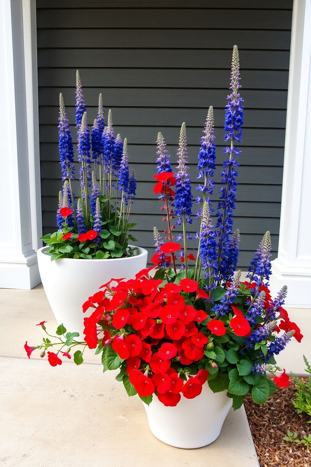White Planters Overflowing with Red Geraniums and Blue Salvia – seasonal — spring + other seasonal — spring + other decor · 4th of July Home Decor: 16 Patriotic Designs That Celebrate America in Style