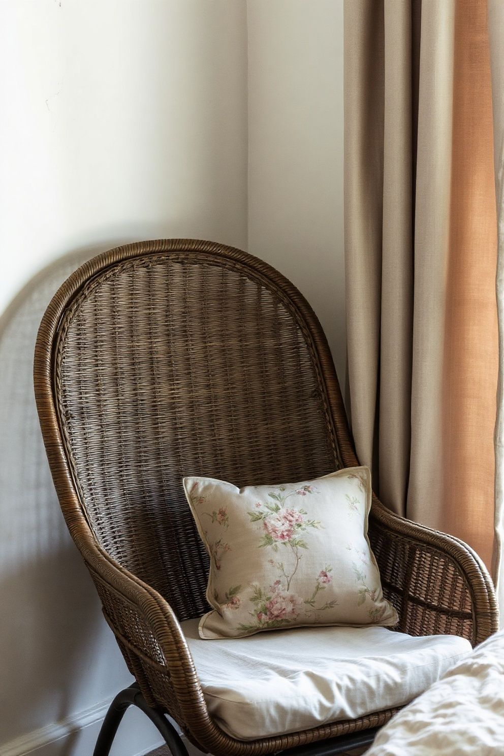 Darkened Vintage Rattan Armchair With a Faded Floral Cushion – coastal — bedroom coastal — bedroom decor · Coastal Vintage Bedroom: 14 Timeworn Designs Full of Faded Beauty and Soul