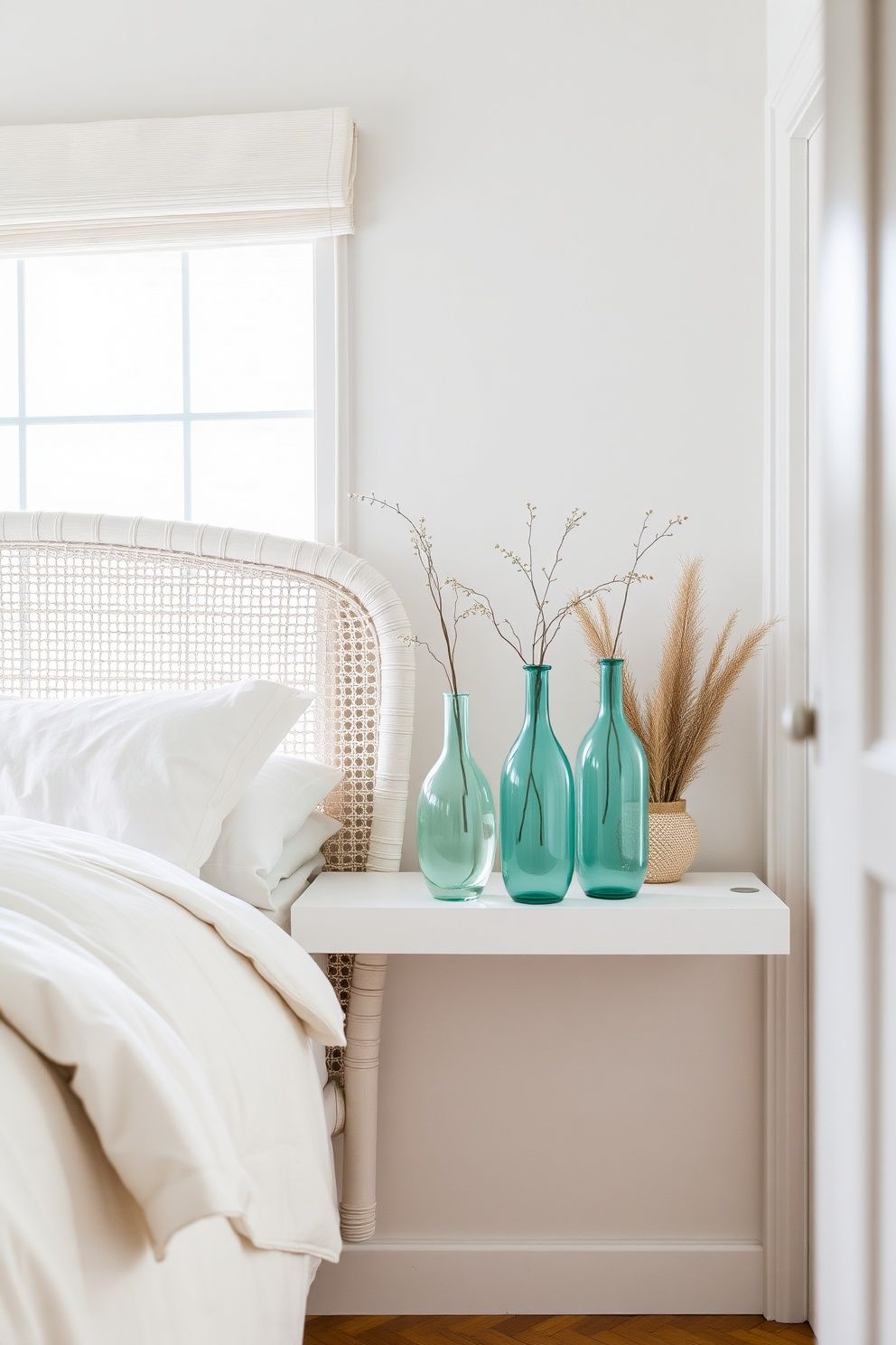 Three Graduated Bud Vases in Sea Glass Tones on the Floating Shelf – coastal — bedroom coastal — bedroom decor · Small Coastal Bedroom: 14 Space-Smart Designs That Feel Like a Beach Retreat