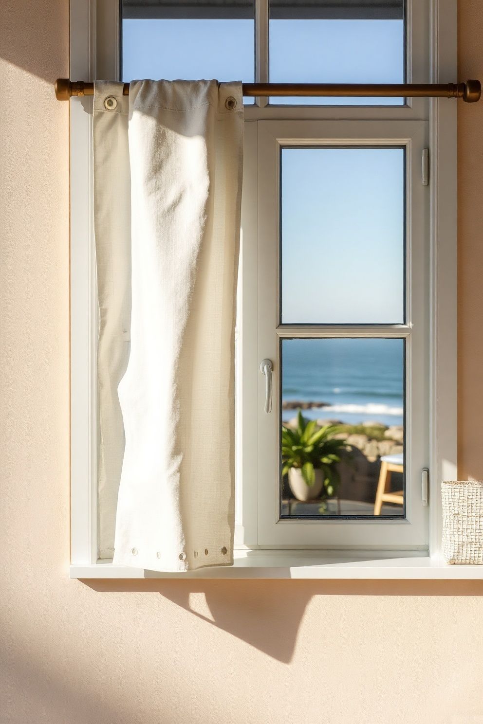 White Eyelet Cotton Café Curtains on a Simple Brass Rod – coastal — bedroom coastal — bedroom decor · Coastal Cottage Bedroom: 15 Charming Designs Full of Character and Relaxed Beauty