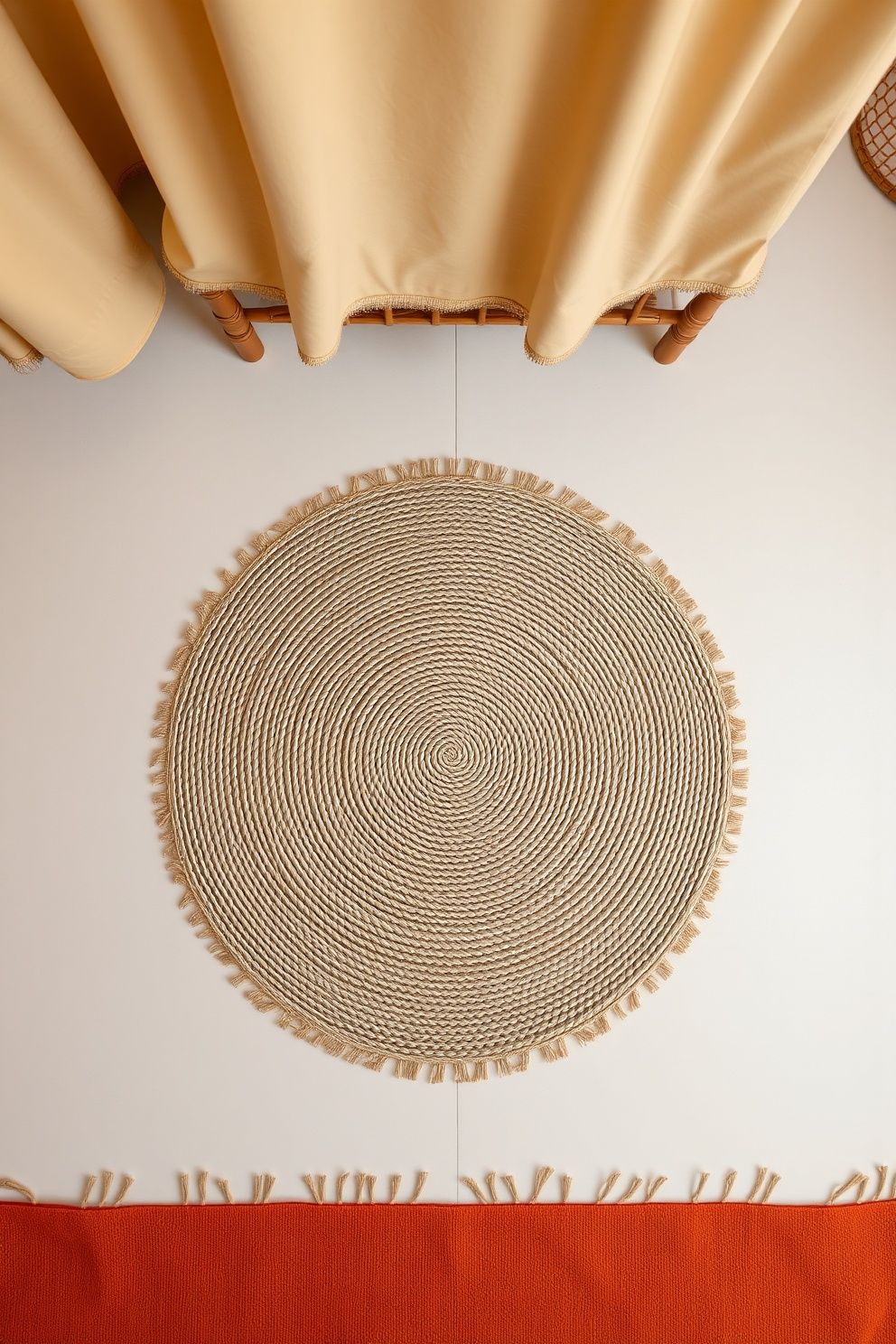 Round Braided Jute Mat Layered Over Warm Terracotta Flatweave Below a Rattan Bed – coastal — bedroom coastal — bedroom decor · Aesthetic Coastal Bedroom: 15 Pinterest-Perfect Designs That Stop the Scroll