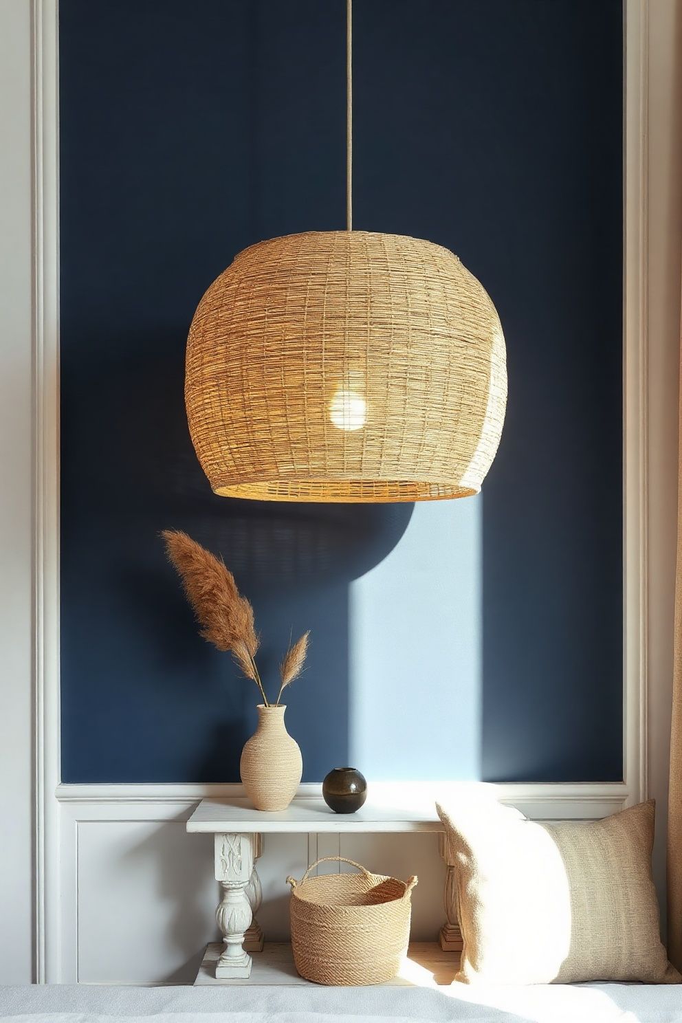 Seagrass Pendant Light Against a Deep Blue Accent Wall