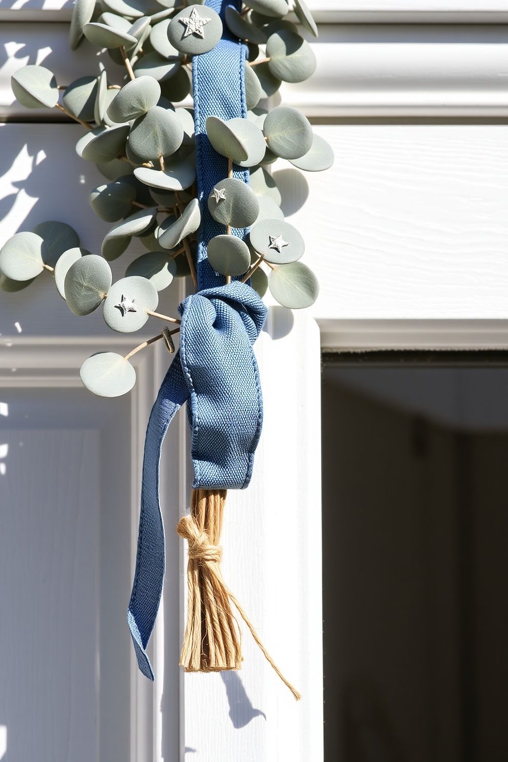 Red, White, and Blue Eucalyptus Door Swag With Denim Ribbon Tie – seasonal — spring + other seasonal — spring + other decor · 4th of July Porch Decor: 14 Festive Front Door Designs for Independence Day