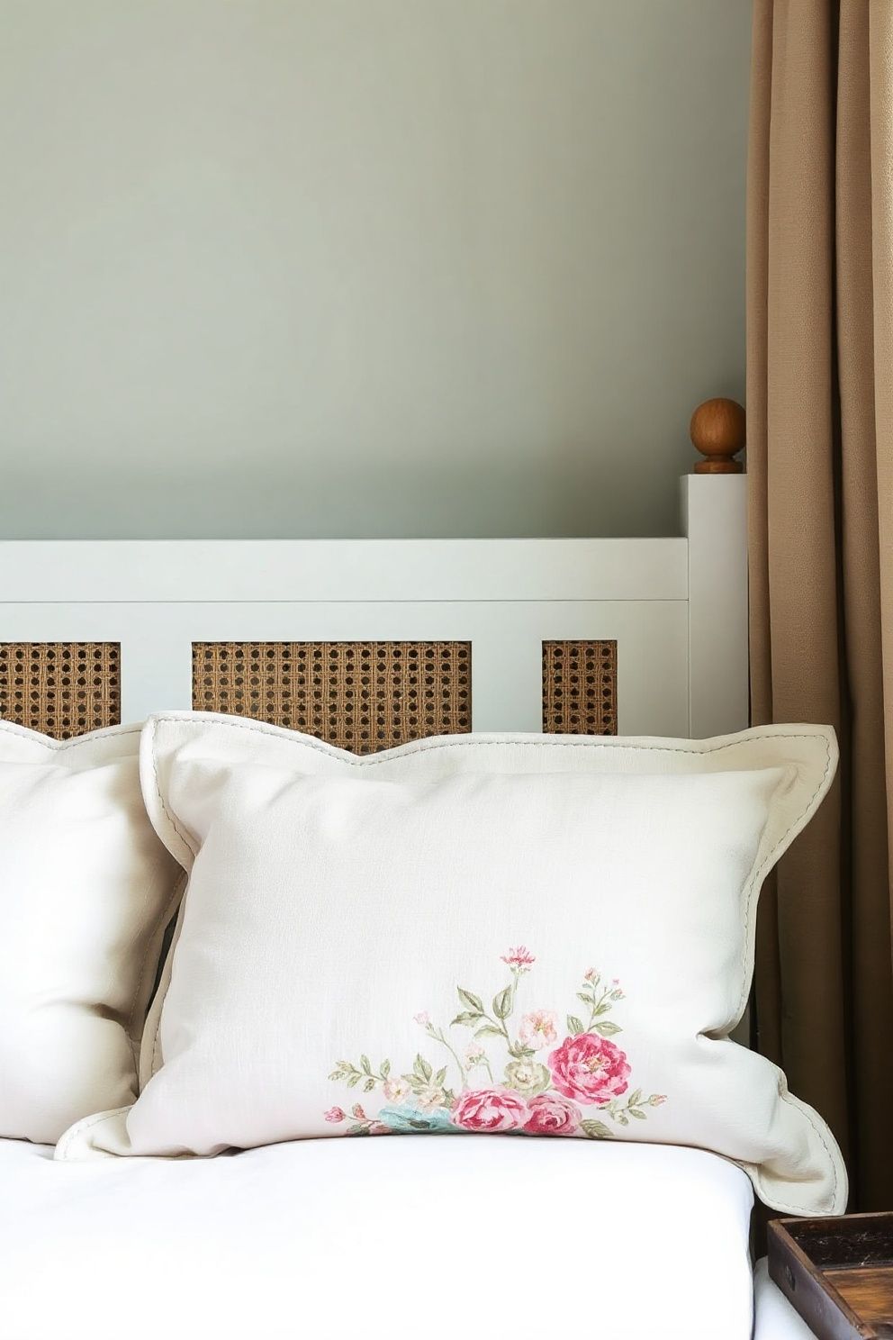 Embroidered Linen Pillowcases Paired With a Floral Patchwork Sham – coastal — bedroom coastal — bedroom decor · Coastal Cottage Bedroom: 15 Charming Designs Full of Character and Relaxed Beauty