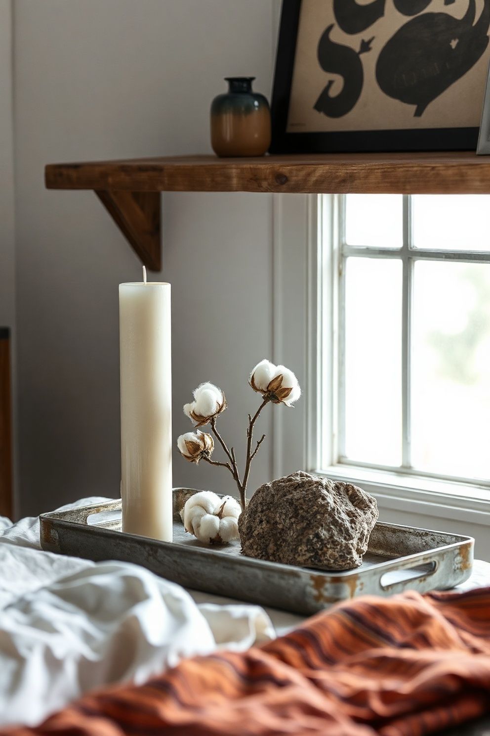 Galvanized Metal Tray Styling: Candle, Cotton Stems, Weathered Stone – coastal — bedroom coastal — bedroom decor · Coastal Farmhouse Bedroom: 14 Designs Where Rustic Wood Meets the Shore