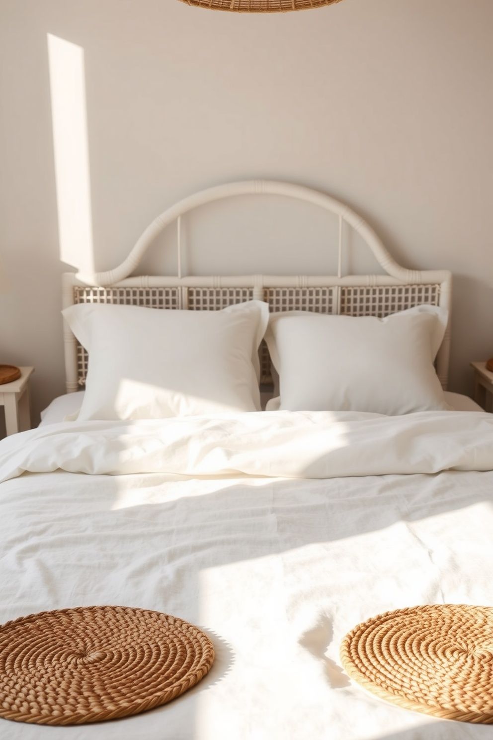 Two Small Round Jute Mats Placed at Each Side of the Bed – coastal — bedroom coastal — bedroom decor · Small Coastal Bedroom: 14 Space-Smart Designs That Feel Like a Beach Retreat