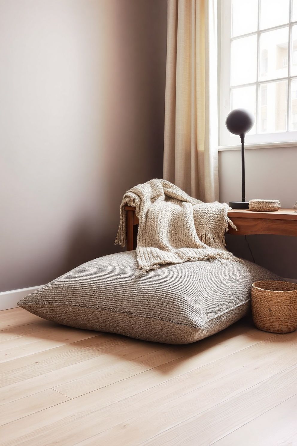A Mushroom-Toned Boucle Floor Cushion Stacked With a Knit Throw – japandi — living room japandi — living room decor · 18 Cozy Japandi Living Room Ideas That Feel Like a Warm Hug