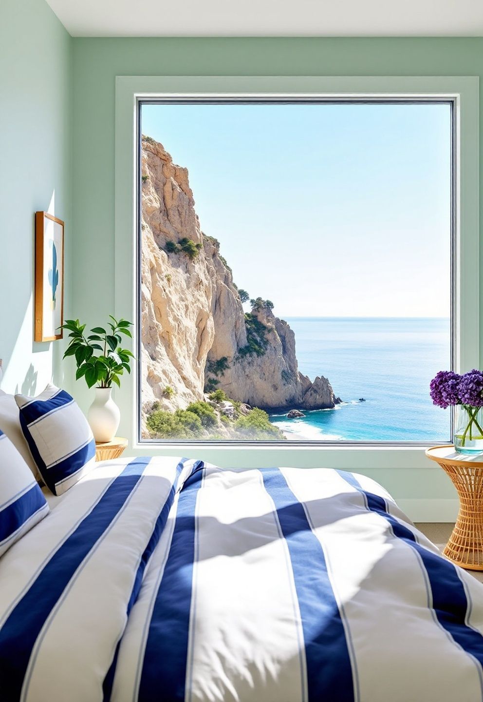 White-and-Indigo Stripe Bedding, Cane Side Tables, and a Cliffside-View Window Left Bare – coastal — bedroom coastal — bedroom decor · California Coastal Bedroom: 14 Laid-Back Golden State Designs That Feel Like Permanent Summer