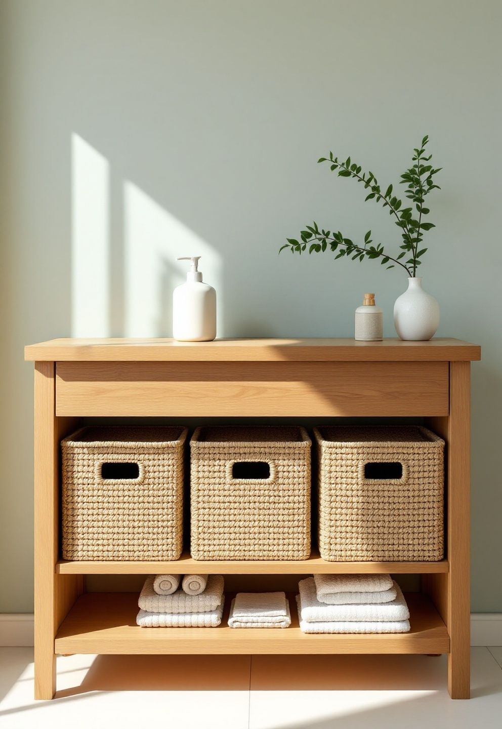 Woven Bins and Closed Storage: Hiding What Doesn't Need to Be Seen – japandi — bathroom japandi — bathroom decor · 12 Small Japandi Bathroom Ideas That Make Tight Spaces Feel Peaceful