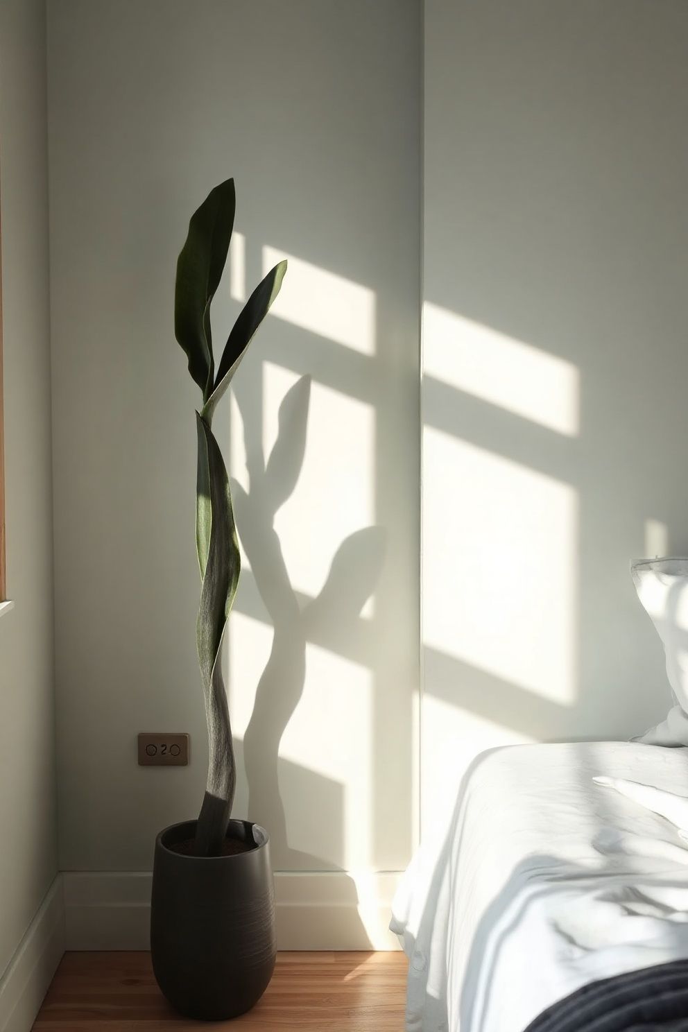 Idea 6: Bring in One Sculptural Plant Like a Fiddle Leaf or Snake Plant – Japandi bedroom · 21 Japandi Bedroom Ideas That Will Make You Never Want to Leave