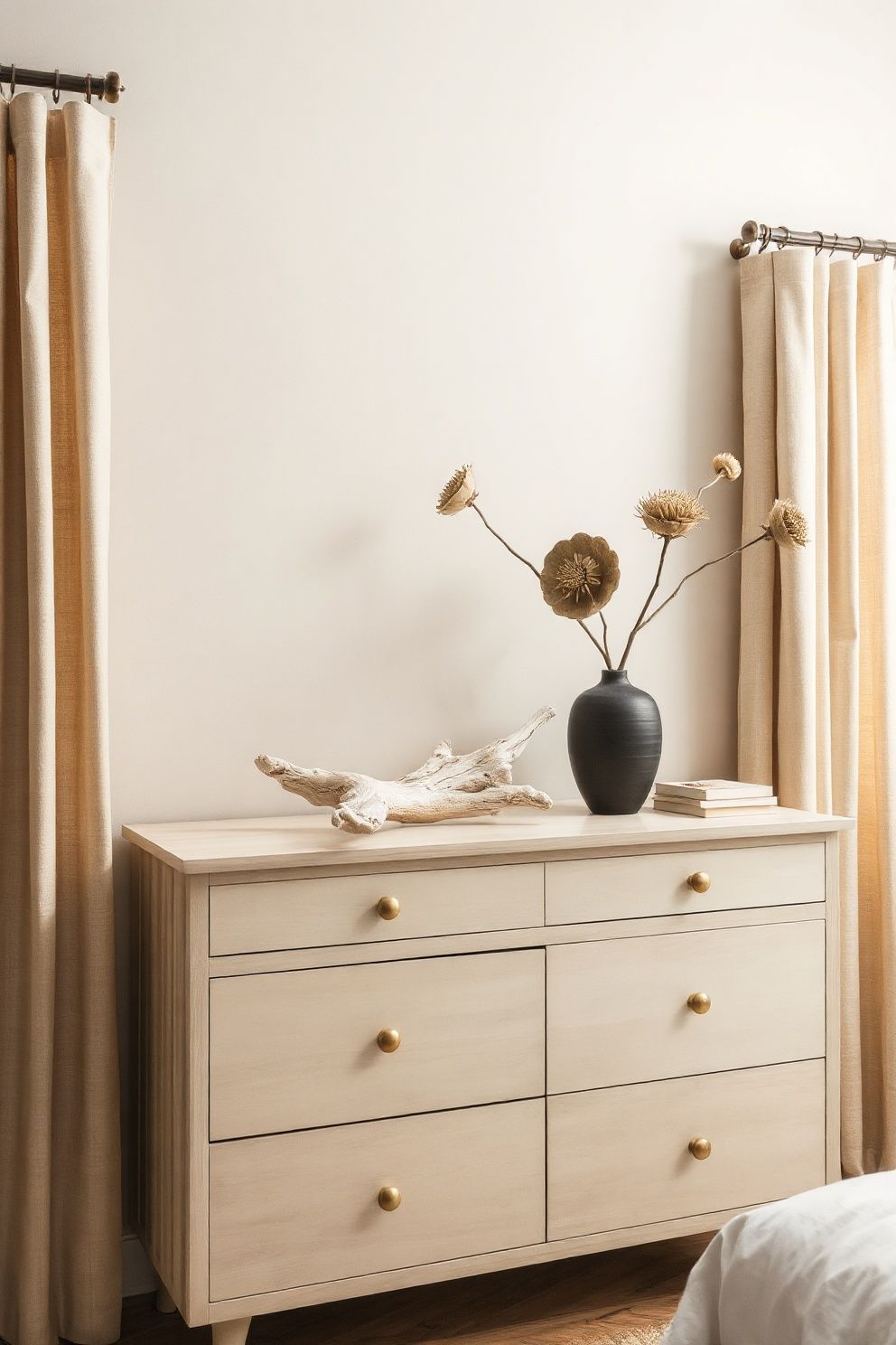 A Low-Profile Dresser in Driftwood or Bleached Oak – Japandi coastal —-bedroom decor · Coastal Bedroom Ideas: 20 Stunning Designs for a Beautiful Beach-Inspired Space