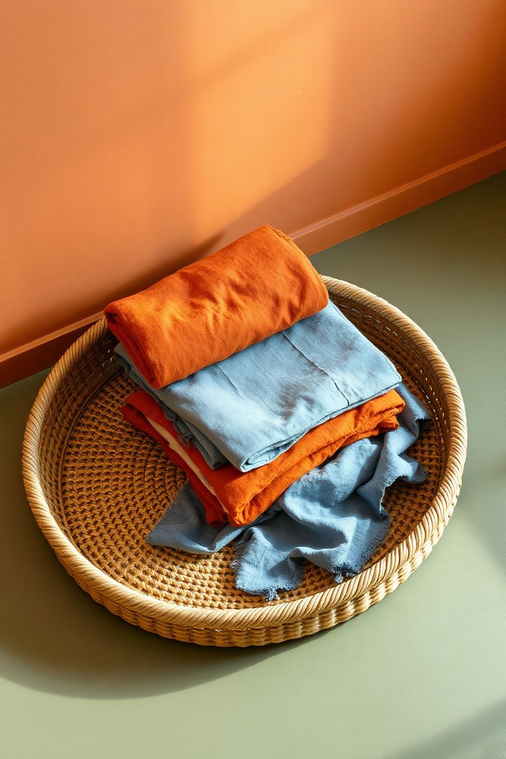 A Woven Tray Holding Folded Linen Throws – Japandi bedroom decor · 17 Japandi Bedroom Decor Ideas for a Sleep Sanctuary You Deserve