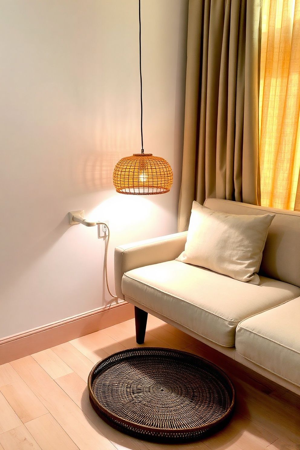 Add a $25 Plug-In Rattan or Rice Paper Shade at Floor Level – Japandi japandi —-living-room decor · 15 Japandi Living Room Ideas on a Budget That Still Look Expensive