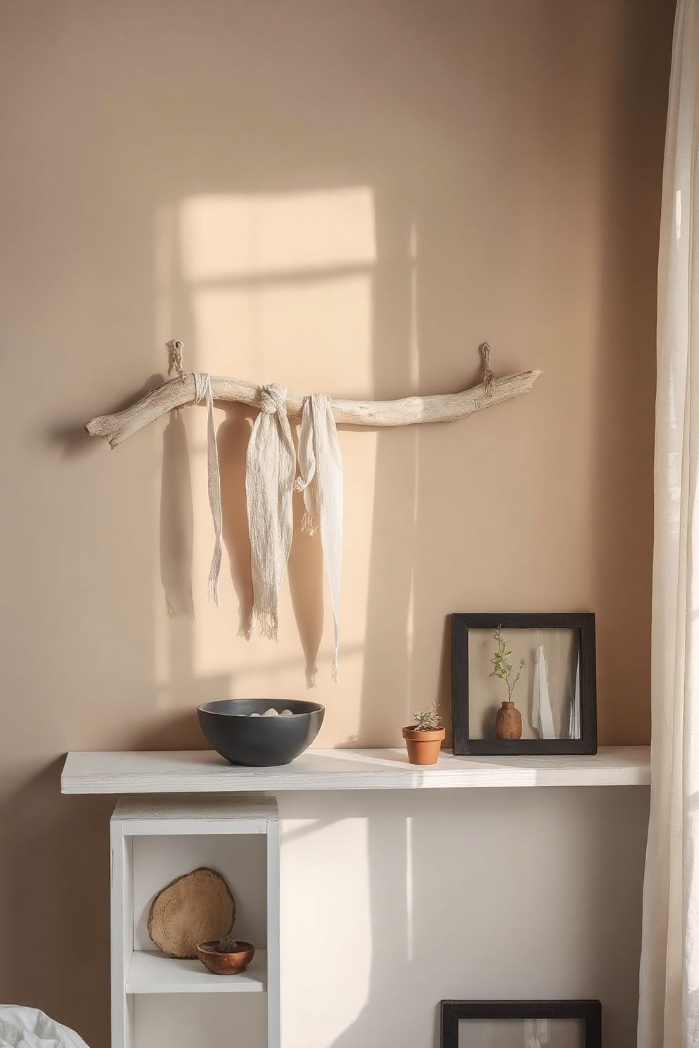 A Driftwood Branch Hung Horizontally With Linen Strips – coastal — bedroom coastal — bedroom decor · Coastal Bedroom Decor: 18 Small Accessories That Make Every Inch Feel Beachy