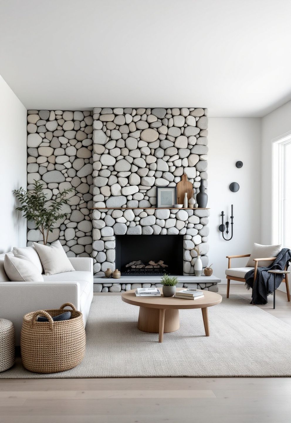 River Stone Fireplace Wall, Everything Else Deliberately Plain – coastal — living room coastal — living room decor · Coastal Living Room Ideas: 20 Beautiful Designs That Bring the Beach Home