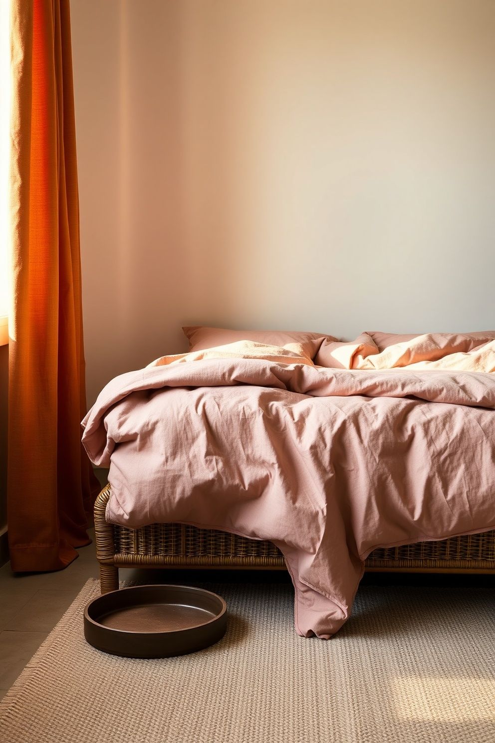 Low Rattan Platform Bed With an Oversized Rose-Toned Linen Duvet – coastal — bedroom coastal — bedroom decor · Pink Coastal Bedroom: 16 Fresh Feminine Designs That Feel Like a Permanent Holiday