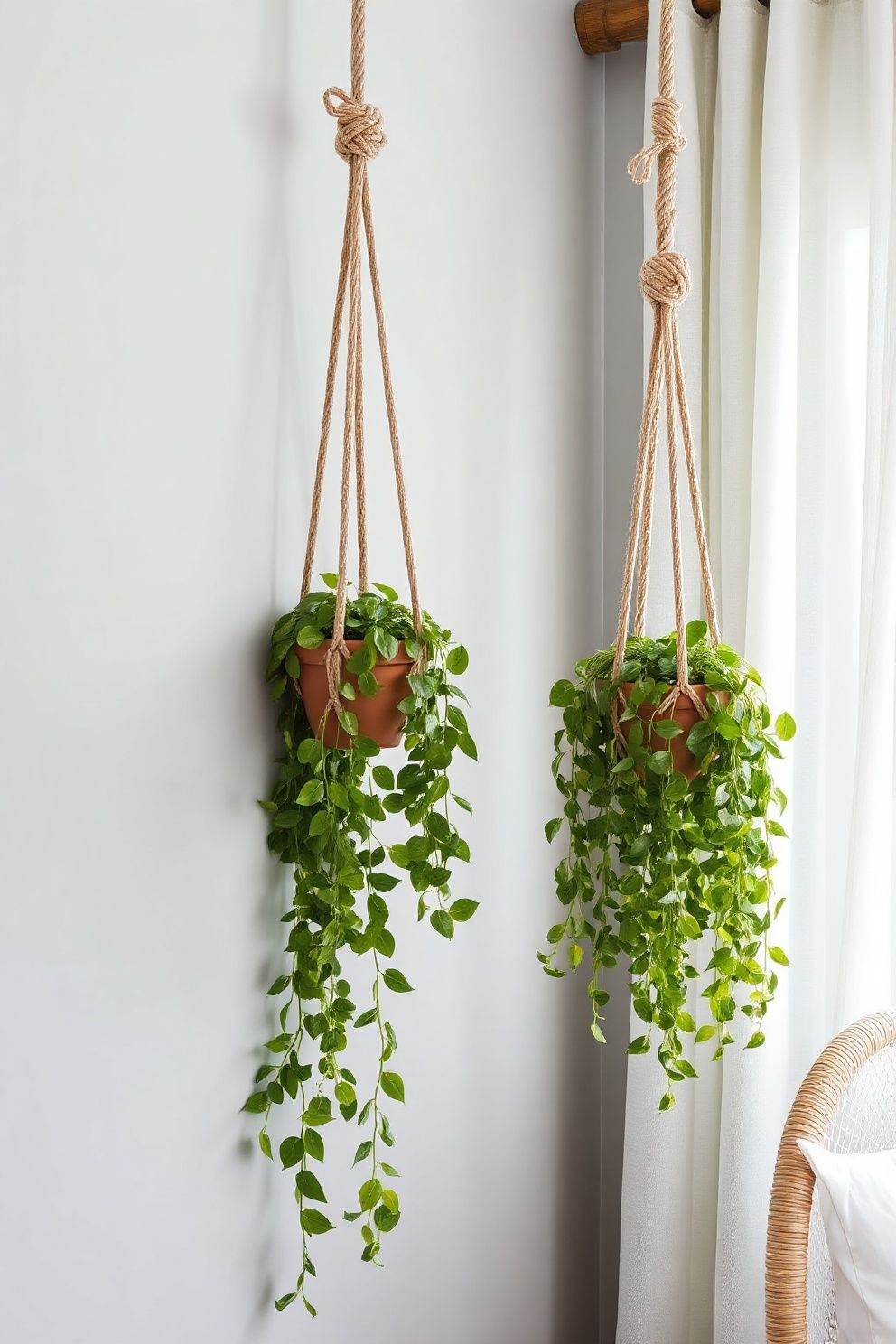 Knotted Jute Plant Hanger Trio Holding Trailing Pothos at Window Height – coastal — bedroom coastal — bedroom decor · Boho Coastal Bedroom: 15 Relaxed Layered Designs for the Free-Spirited Decorator