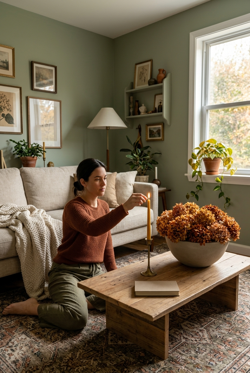 Fall Living Room Coffee Table Decor: The Single-Vessel Method (No Books, No Tray) – seasonal — fall seasonal — fall decor · Fall Living Room Decor: 16 Cozy Warm Designs That Embrace the Season Beautifully