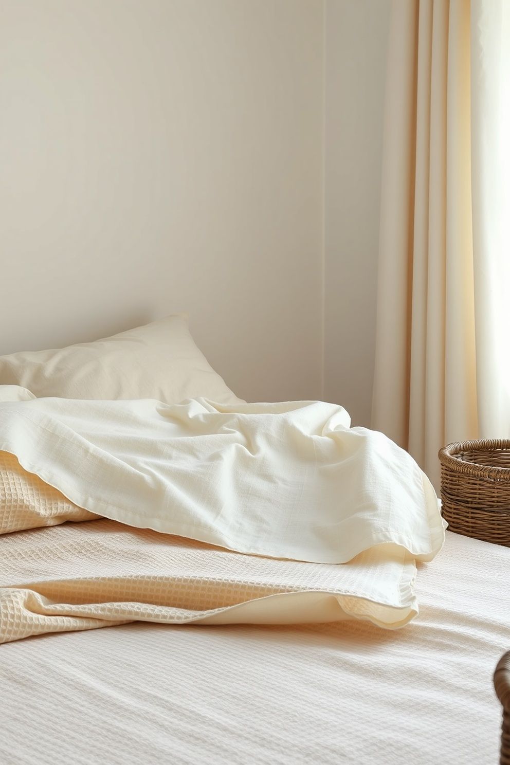 Undyed Muslin Coverlet Folded Over a Sand Waffle-Knit Base – coastal — bedroom coastal — bedroom decor · Neutral Coastal Bedroom: 15 Calm Designs in Sand Cream and Warm White