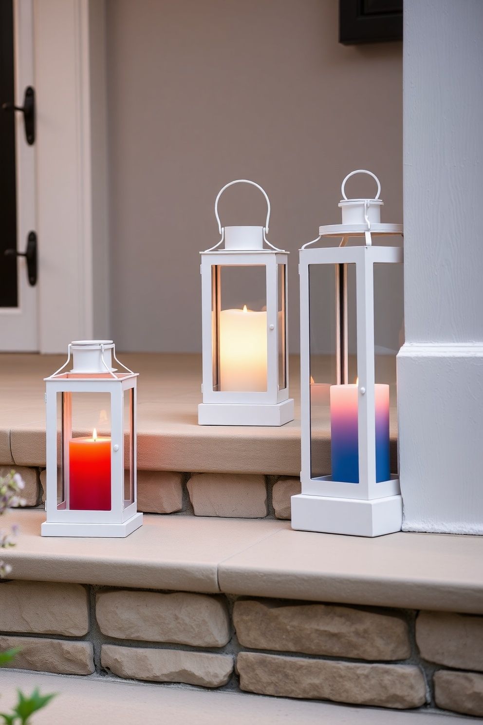 Trio of White Lanterns With Red and Blue Candles on Porch Steps – seasonal — spring + other seasonal — spring + other decor · 4th of July Porch Decor: 14 Festive Front Door Designs for Independence Day