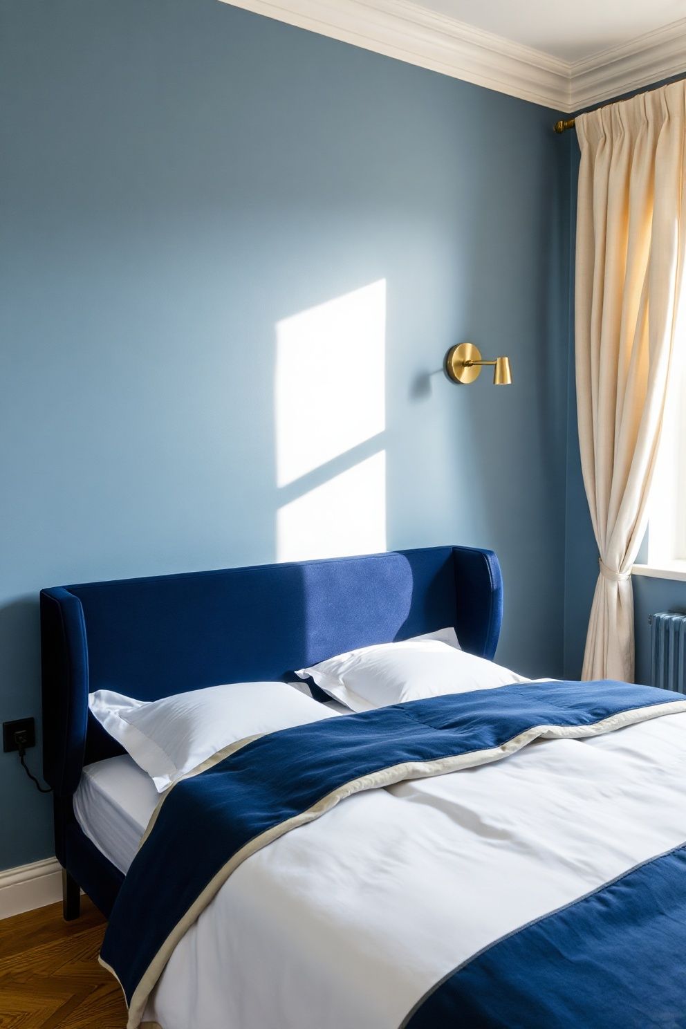 Low-Profile Navy Velvet Headboard Against a White Wall – Japandi coastal —-bedroom decor · Modern Coastal Bedroom: 16 Clean Airy Designs With a Fresh Ocean Feel