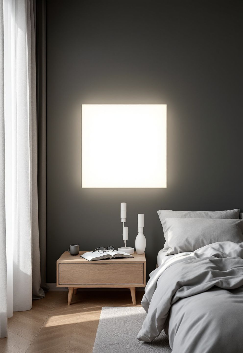 A Linen-Diffused Backlit Panel for No-Window Rooms on Soft Charcoal – japandi — bedroom japandi — bedroom decor · 13 Small Japandi Bedroom Ideas That Feel Spacious and Serene