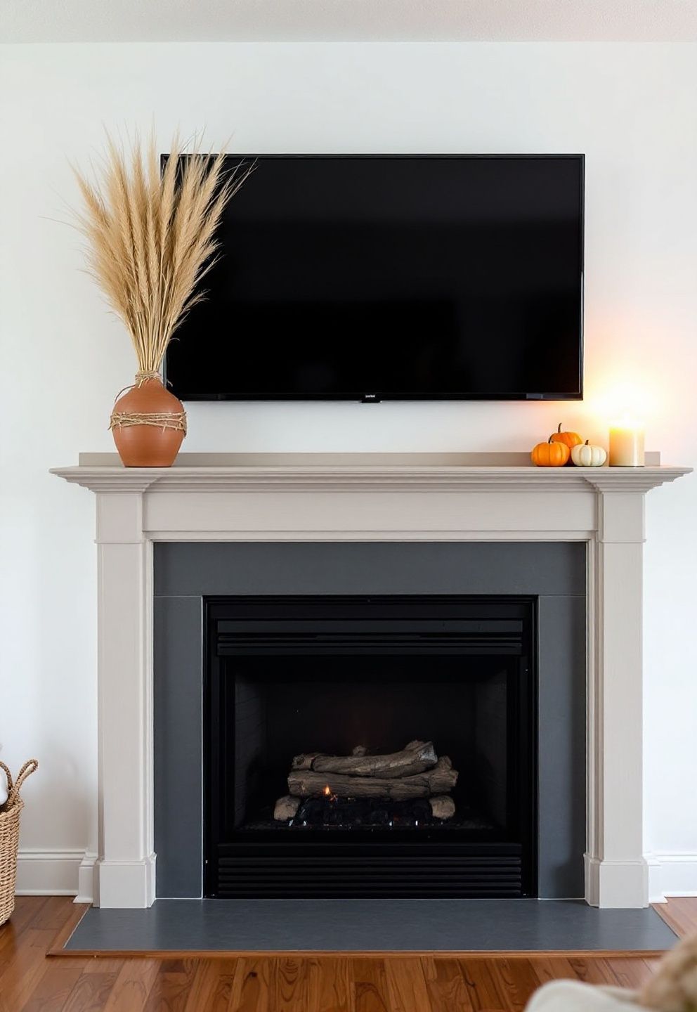 Asymmetrical Stack: Off-Center Thanksgiving Mantel With TV Styling That Draws the Eye Down – seasonal — fall seasonal — fall decor · Thanksgiving Mantel Decor: 7 Warm Fireplace Styling Ideas for November