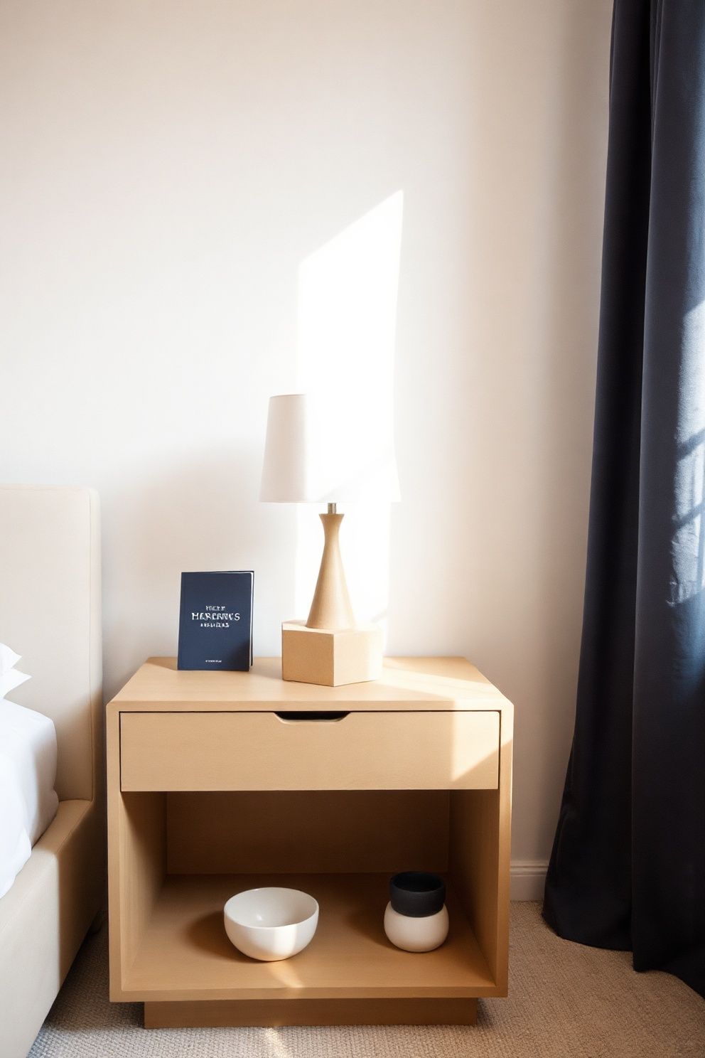 Sand-Toned Concrete-Look Nightstand With an Open Lower Shelf – Japandi coastal —-bedroom decor · Modern Coastal Bedroom: 16 Clean Airy Designs With a Fresh Ocean Feel