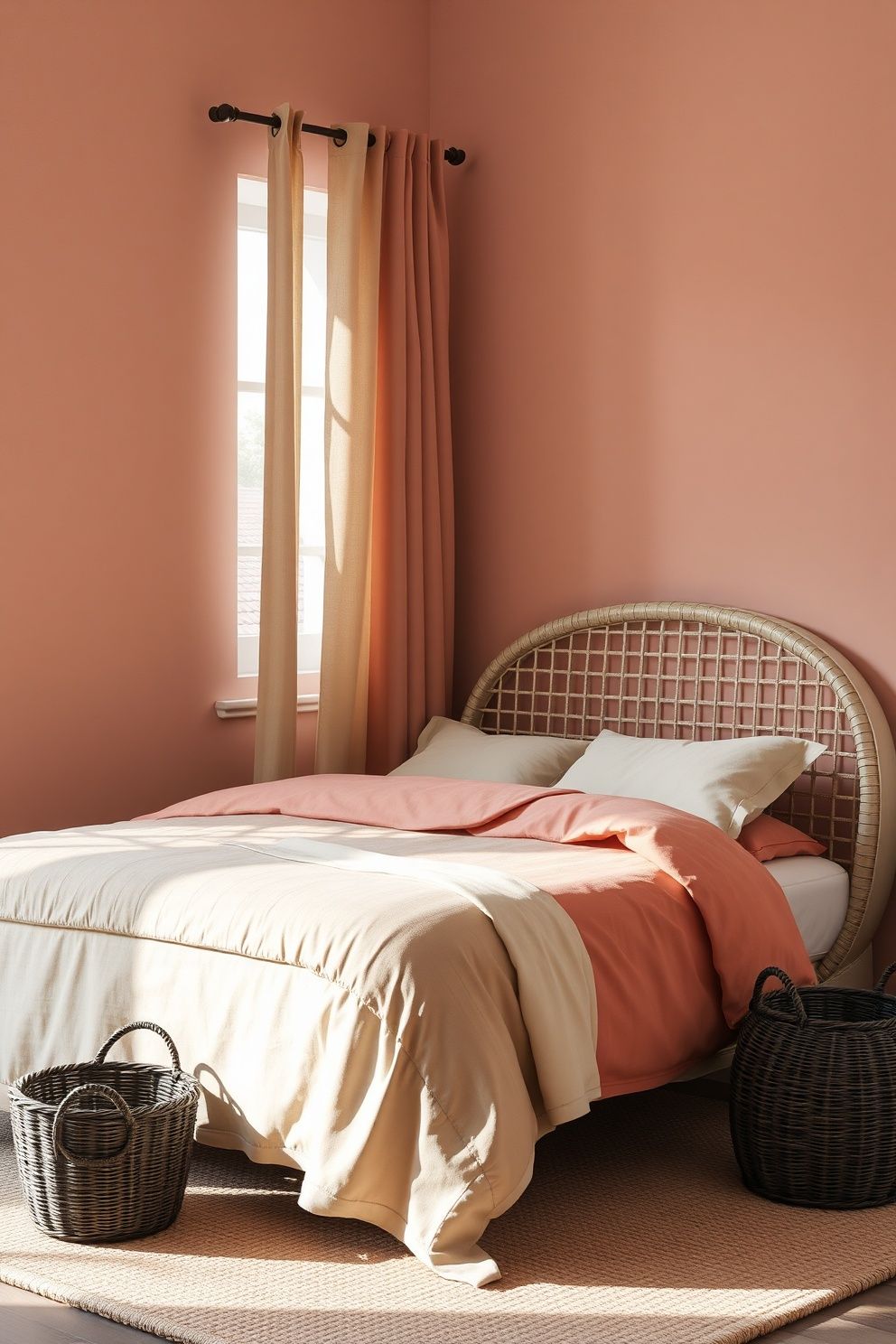 Curved Cane Bed Frame Styled With Coral and Sand Bedding – coastal — bedroom coastal — bedroom decor · Pink Coastal Bedroom: 16 Fresh Feminine Designs That Feel Like a Permanent Holiday