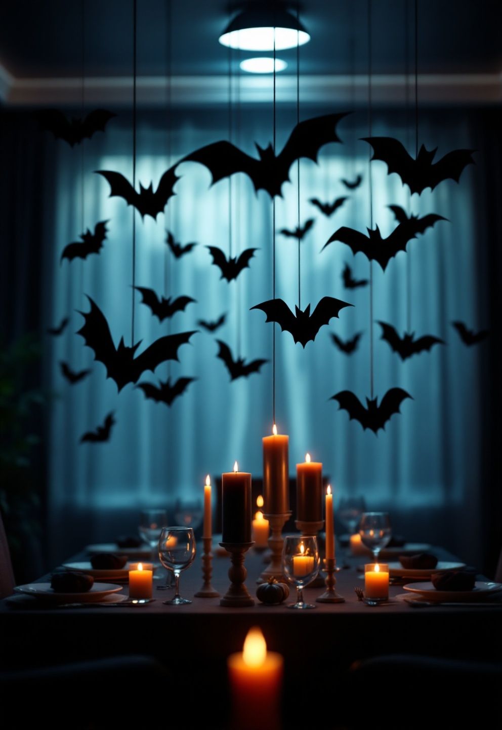 Paper Bats and Taper Candles Hung at Different Heights Above the Table – seasonal — spring + other seasonal — spring + other decor · Halloween Table Decor: 13 Spooky Stylish Table Settings for an Unforgettable Night
