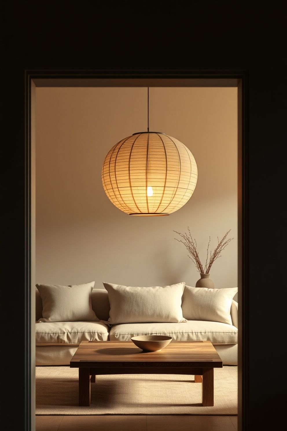 Warm the Space With Paper Lantern Lighting – Japandi living room · 23 Japandi Living Room Ideas That Feel Calm and Effortlessly Beautiful