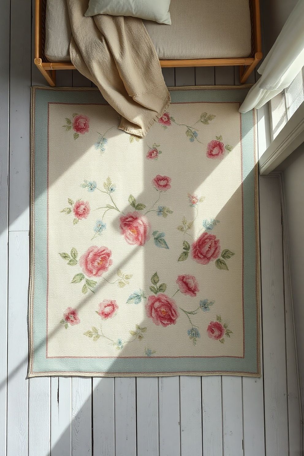 Faded Floral Cotton Rug Over Bare Whitewashed Plank Floor – coastal — bedroom coastal — bedroom decor · Coastal Cottage Bedroom: 15 Charming Designs Full of Character and Relaxed Beauty