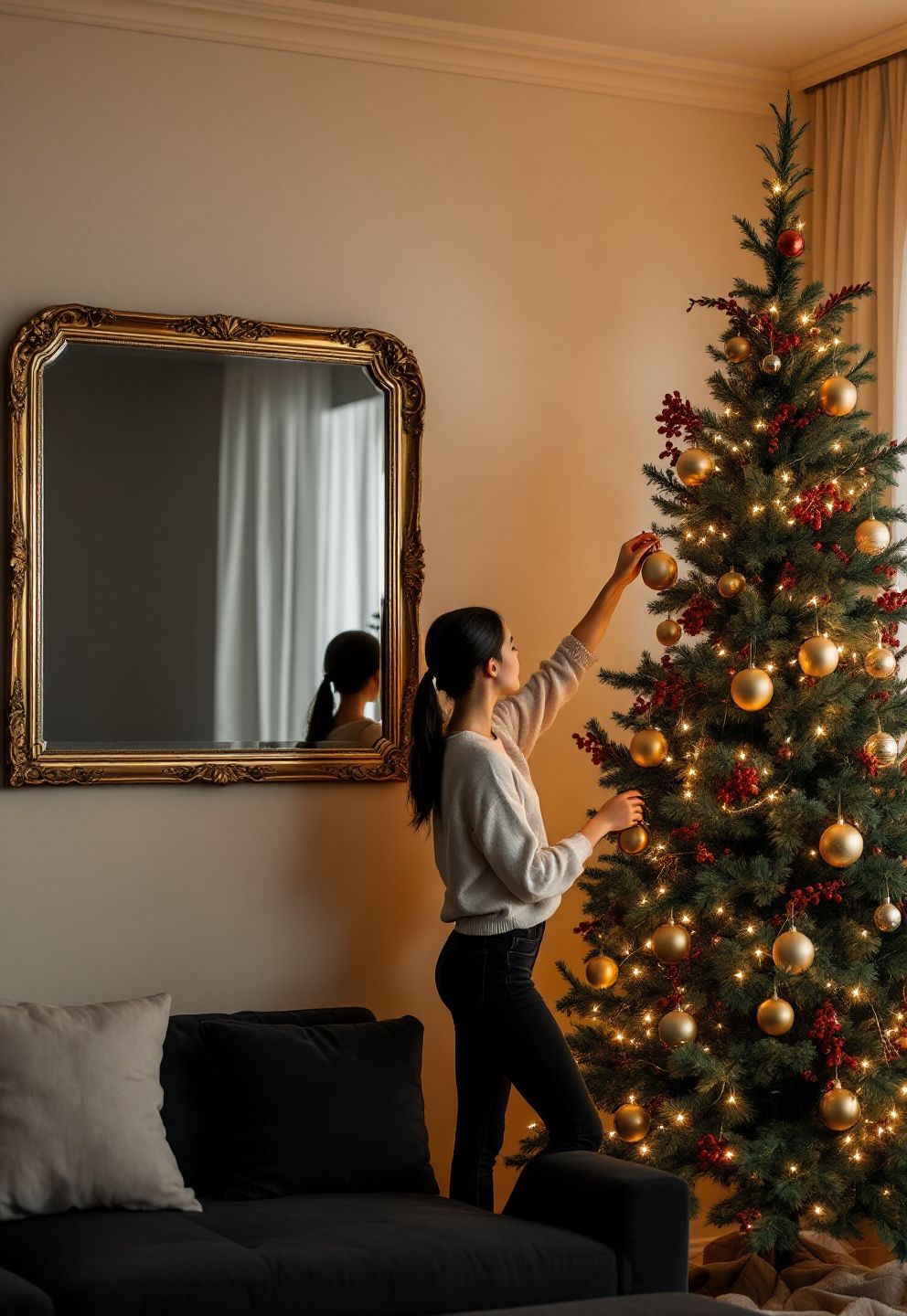 Above-the-Couch Styling and a Tree Color Story That Let a Black Sofa Anchor the Room – seasonal — christmas + winter seasonal — christmas + winter decor · Christmas Living Room Decor: 16 Festive Designs That Make Your Lounge Feel Magical