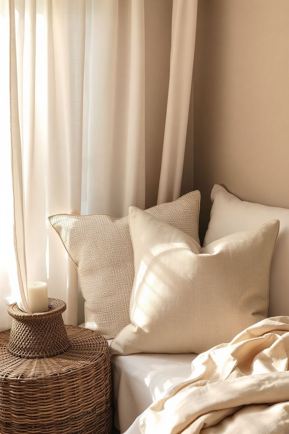 Nubby Woven Linen Square Cushion With a Smooth Slub Insert – coastal — bedroom coastal — bedroom decor · Cozy Coastal Bedroom: 16 Texture-Rich Ideas That Feel Like a Permanent Beach Holiday