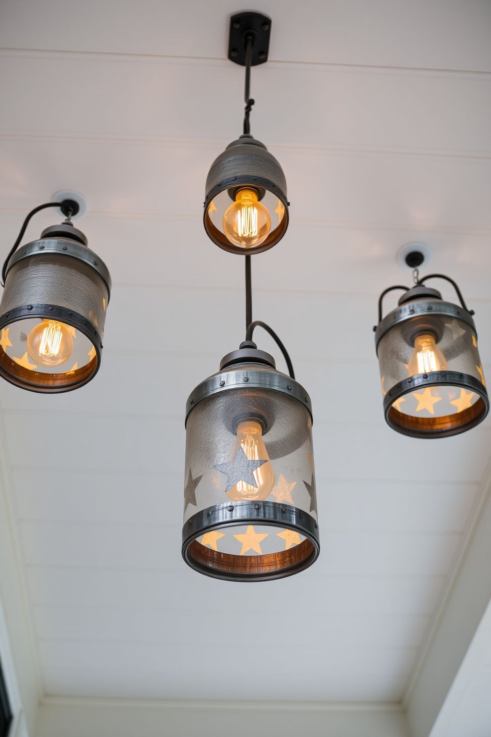 Galvanized Star Lanterns Hung From Porch Ceiling With Warm Bulbs – seasonal — spring + other seasonal — spring + other decor · 4th of July Porch Decor: 14 Festive Front Door Designs for Independence Day
