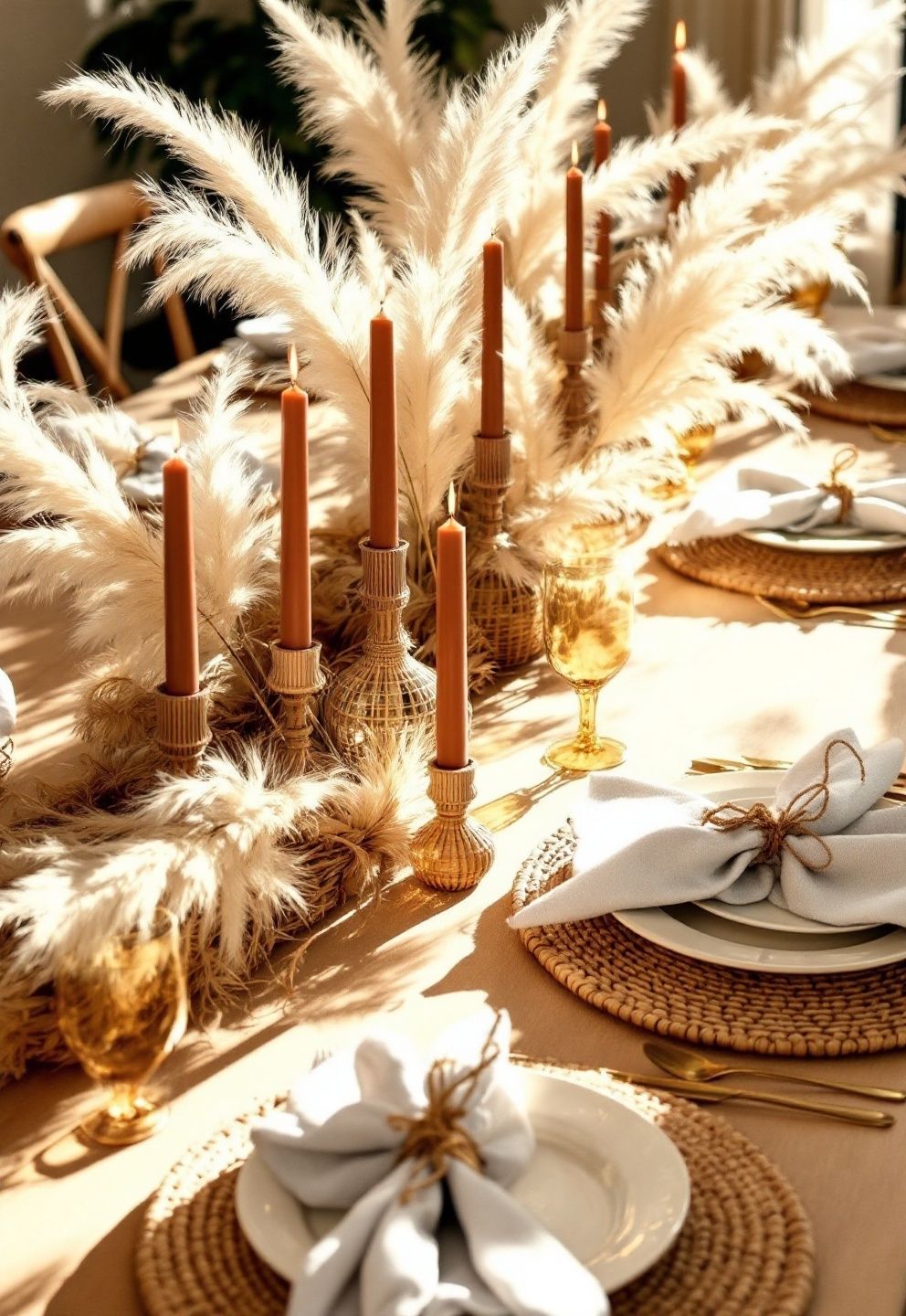 Pampas Grass and Rattan Charger Thanksgiving Tablescape – seasonal — fall seasonal — fall decor · Thanksgiving Tablescape: 16 Stunning Autumn Table Settings for the Big Day