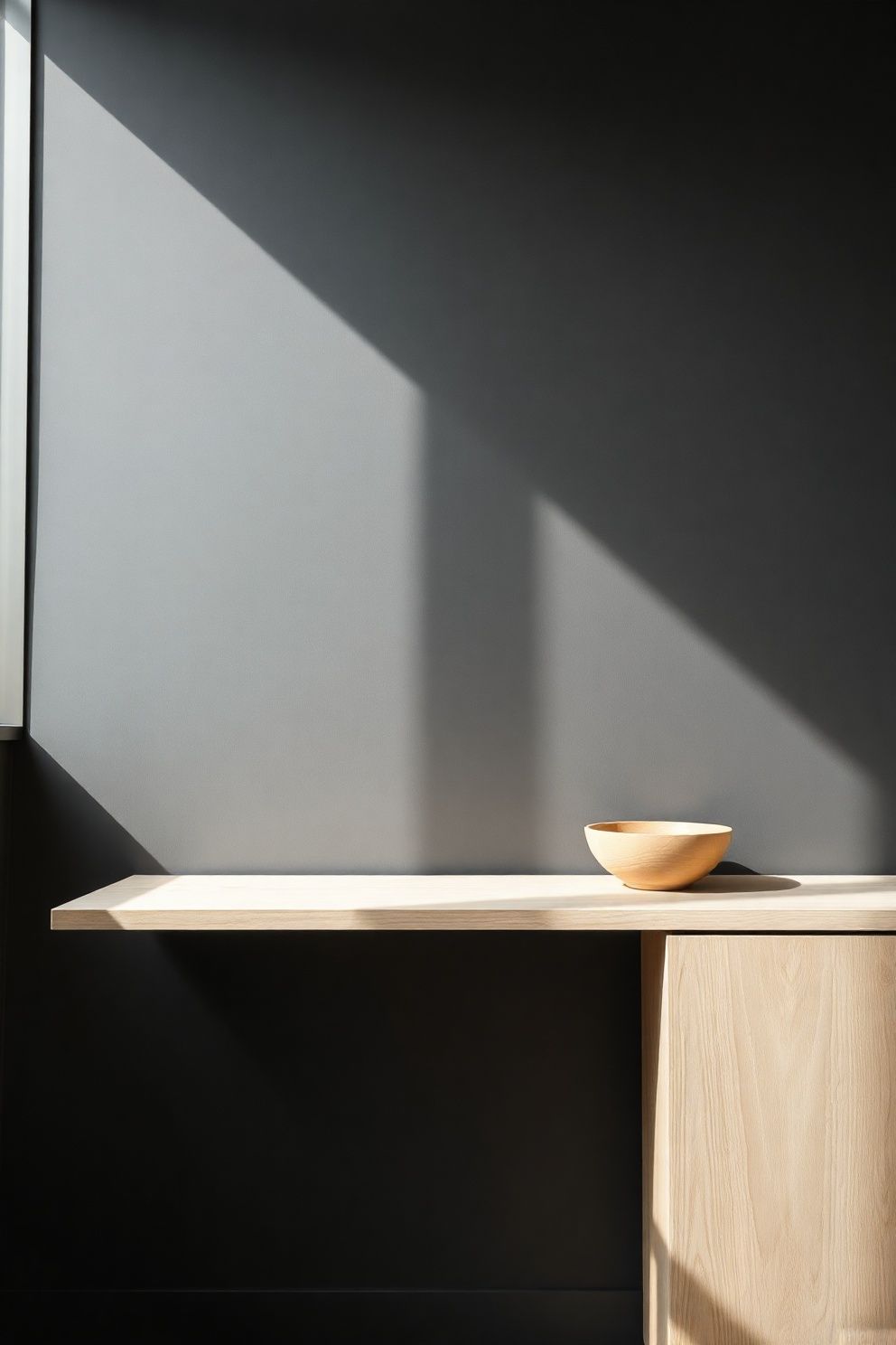 Ash Plywood Low Console Against a Charcoal Feature Wall – japandi — living room japandi — living room decor · 10 Dark Japandi Living Room Ideas for a Moody Atmospheric Home
