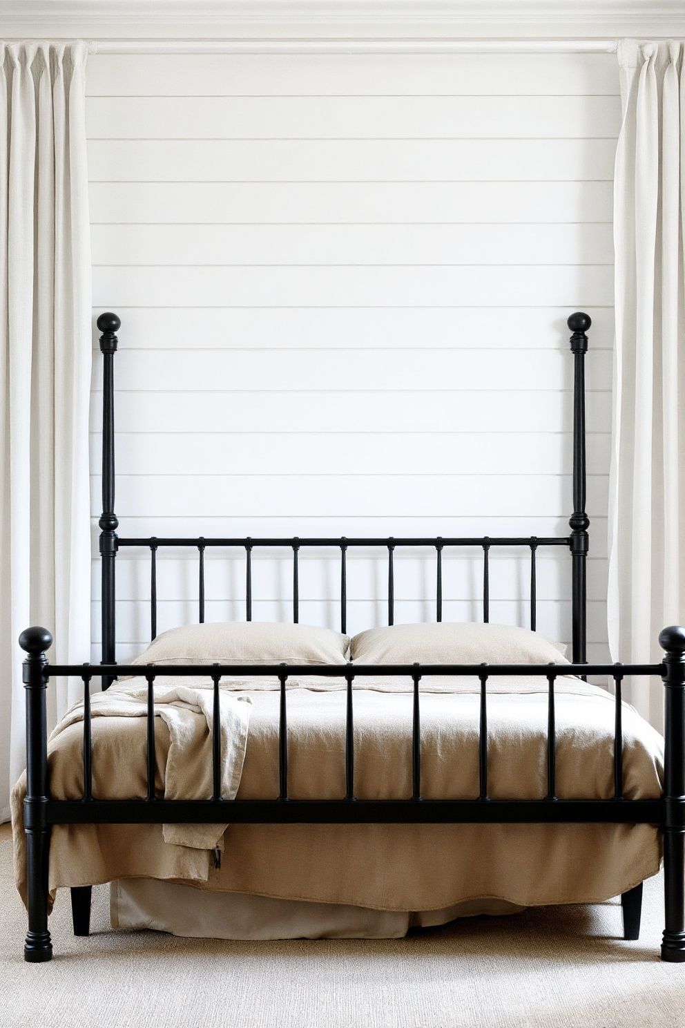 Pale Blue-Grey Shiplap Accent Wall Framing a Black Iron Bed – coastal — bedroom coastal — bedroom decor · Coastal Farmhouse Bedroom: 14 Designs Where Rustic Wood Meets the Shore