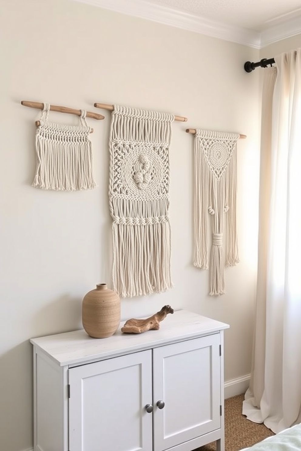 Layered Driftwood-Rod Macramé Panels Staggered at Three Heights – coastal — bedroom coastal — bedroom decor · Boho Coastal Bedroom: 15 Relaxed Layered Designs for the Free-Spirited Decorator