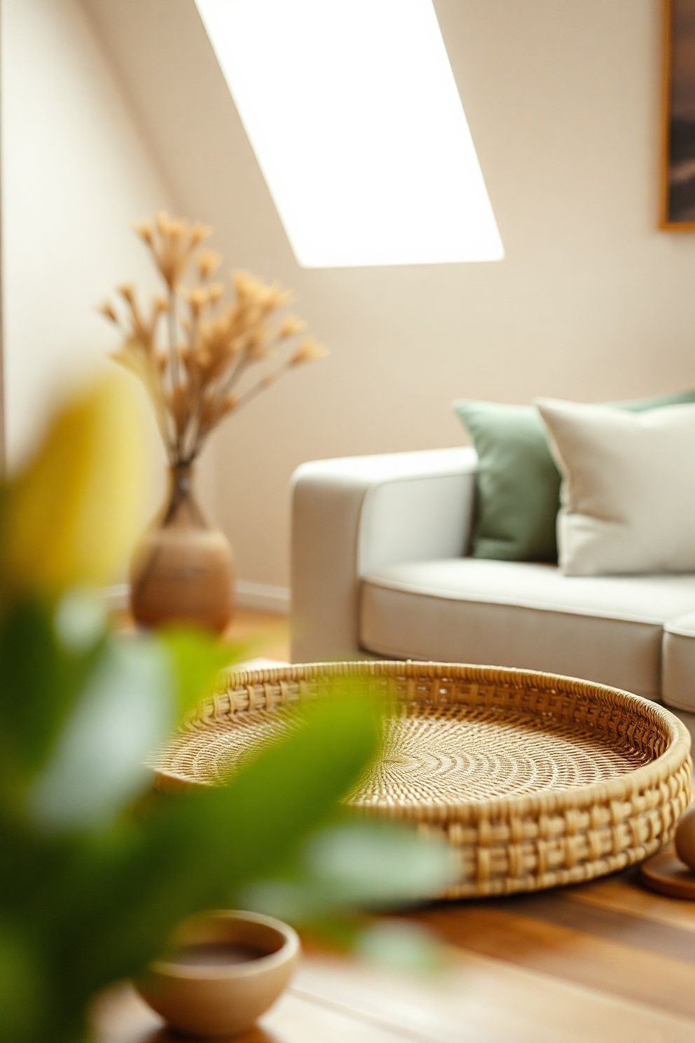 A Woven Rattan Tray for Lightweight Texture – Japandi living room decor · 17 Japandi Living Room Decor Ideas You Will Want to Steal Right Now