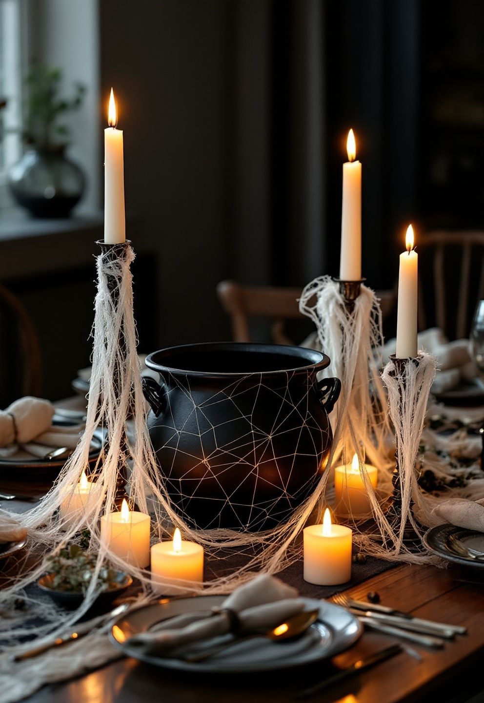 A Cauldron and Candelabra Cluster Tied Together With Cobwebs – seasonal — spring + other seasonal — spring + other decor · Halloween Table Decor: 13 Spooky Stylish Table Settings for an Unforgettable Night