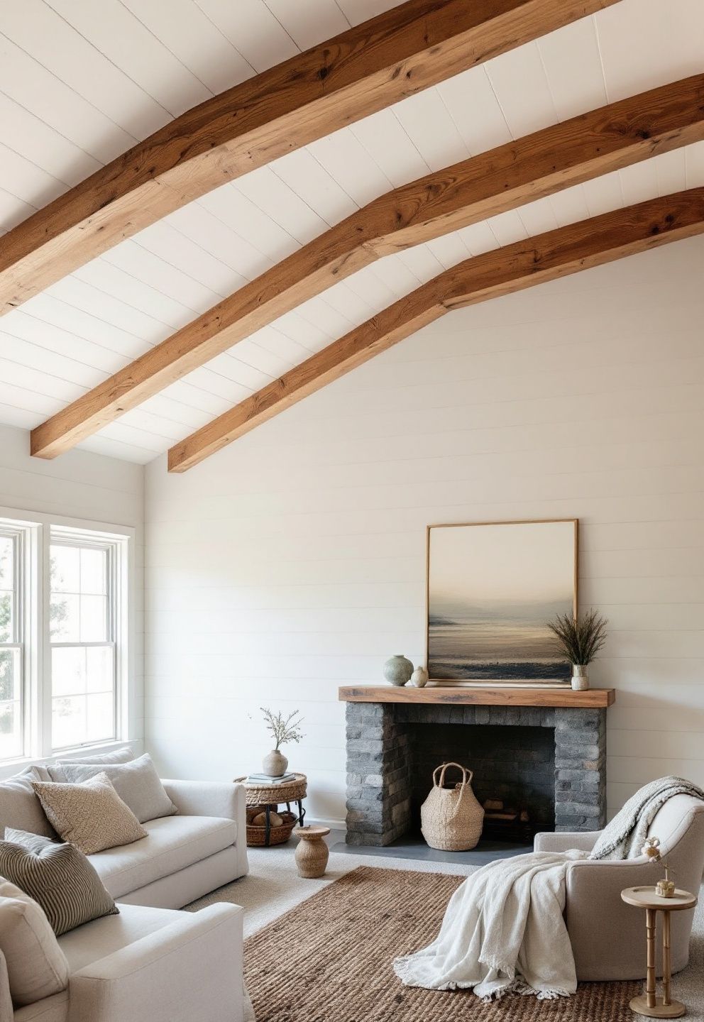 Exposed Fir Beams Against White Shiplap, No Art on Walls – coastal — living room coastal — living room decor · Coastal Living Room Ideas: 20 Beautiful Designs That Bring the Beach Home