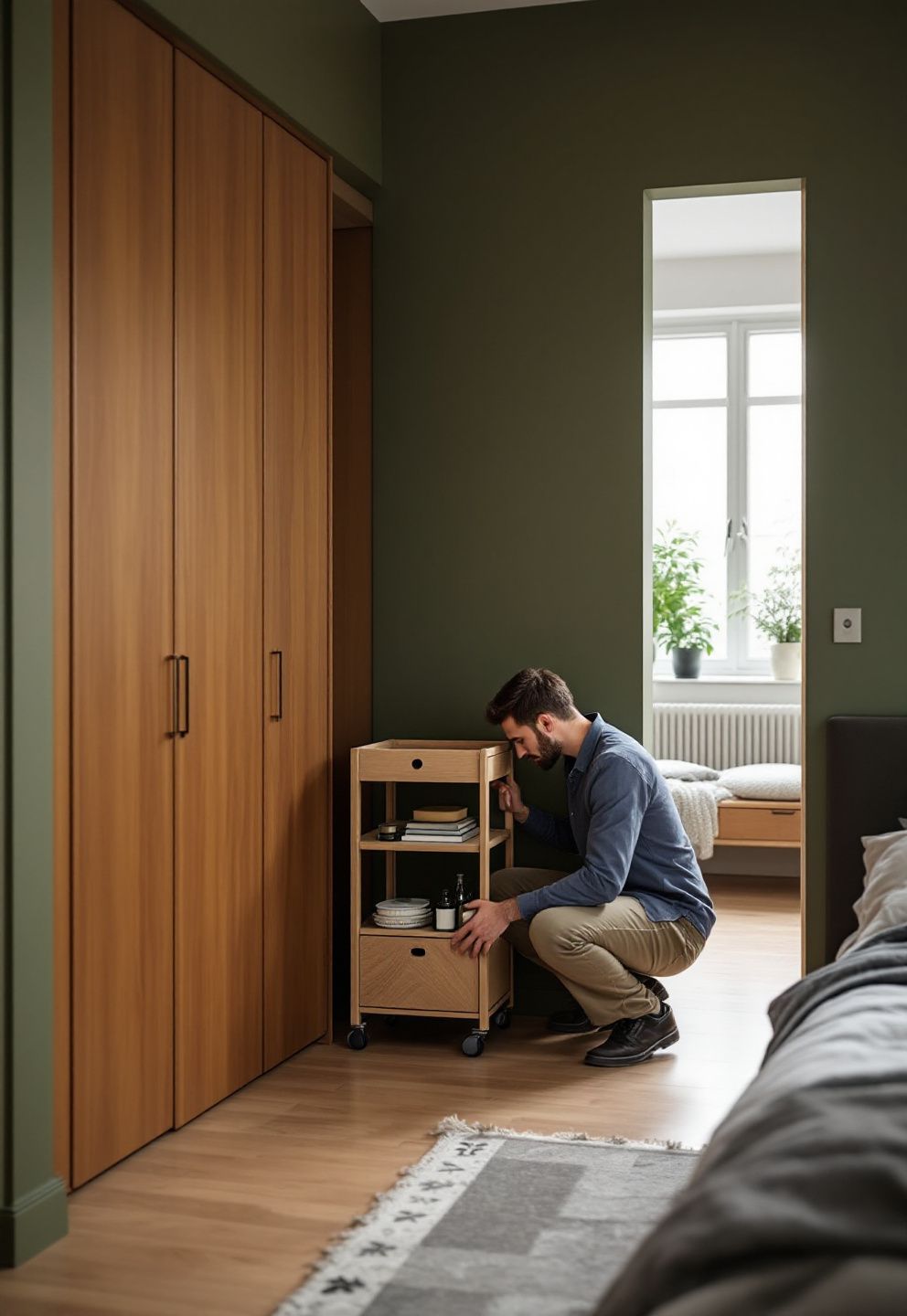 A Slim Rolling Storage Cart Tucked Into the Side Gap Beside the Wardrobe on Deep Olive – japandi — bedroom japandi — bedroom decor · 13 Small Japandi Bedroom Ideas That Feel Spacious and Serene
