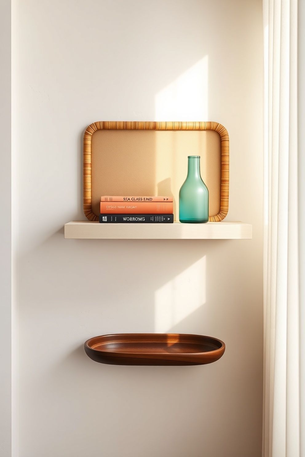 Floating Rattan Wall Shelf With Stacked Books and a Sea Glass Bottle – coastal — bedroom coastal — bedroom decor · Coastal Granddaughter Bedroom: 14 Modern Youthful Takes on Classic Beach Style