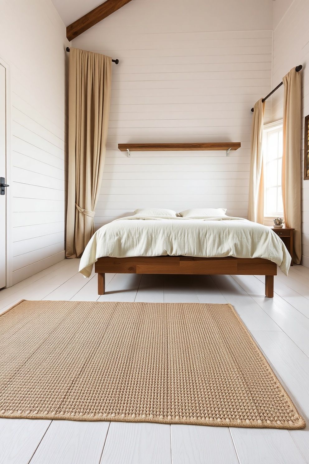 Wide-Plank White-Painted Wood Floor With a Woven Cotton Flatweave in Sand – coastal — bedroom coastal — bedroom decor · Coastal Farmhouse Bedroom: 14 Designs Where Rustic Wood Meets the Shore